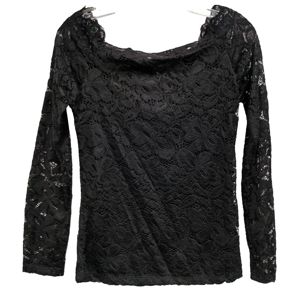 VTG Y2K Maggie Tang Top Womens Large Black Floral Lace Off Shoulder Whimsygoth‎